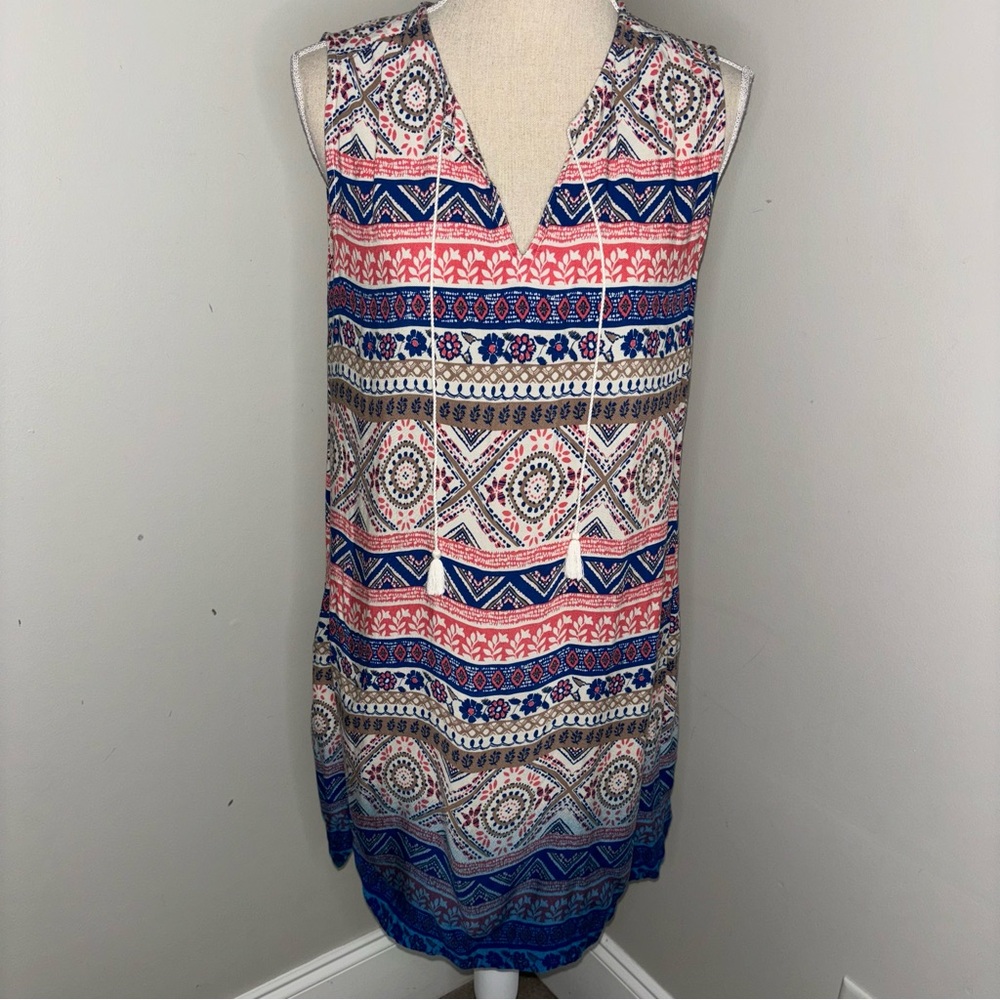 Beachlunchlounge blue pink batik print sleeveless tassels shift dress size Large